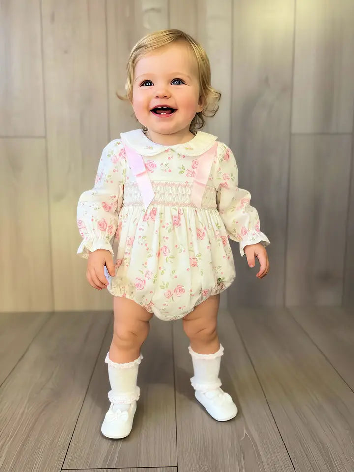 Beau Kid Vintage Rose Smocked Baby Romper - White/Pink