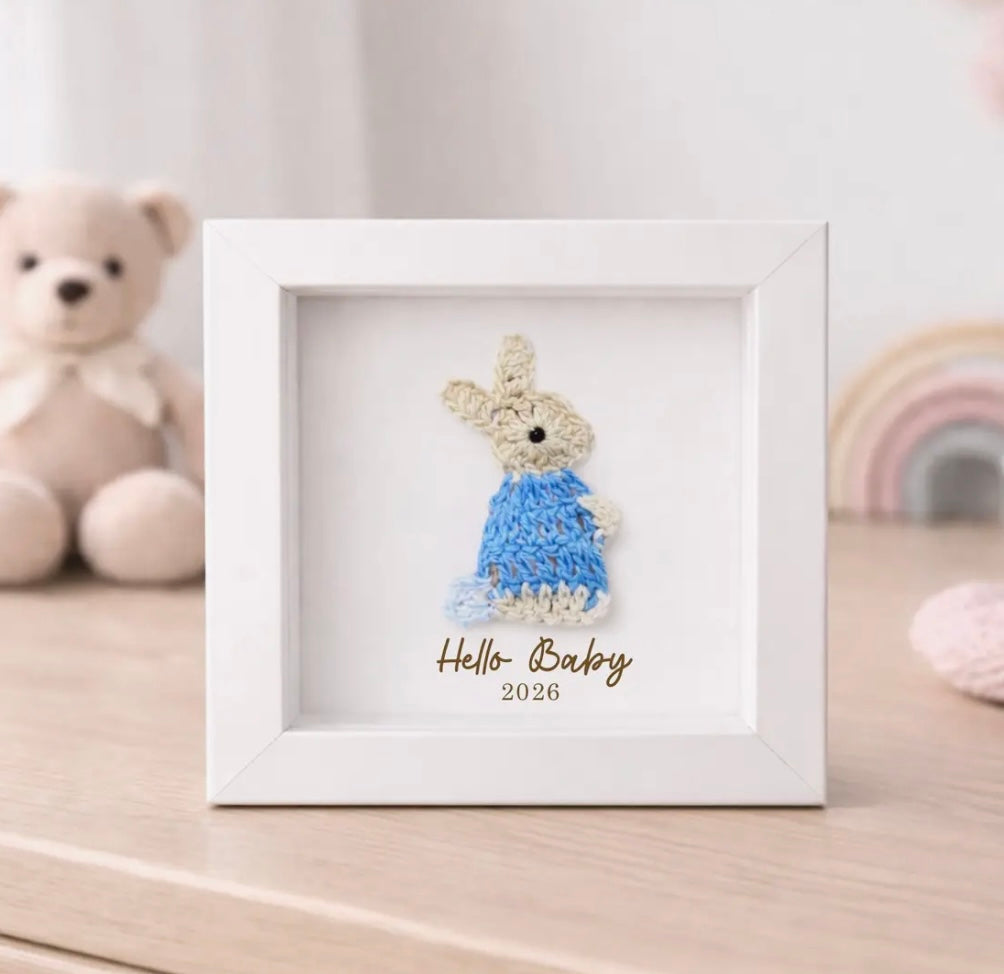 Hello Baby Framed Crochet Keepsake Gift - Blue