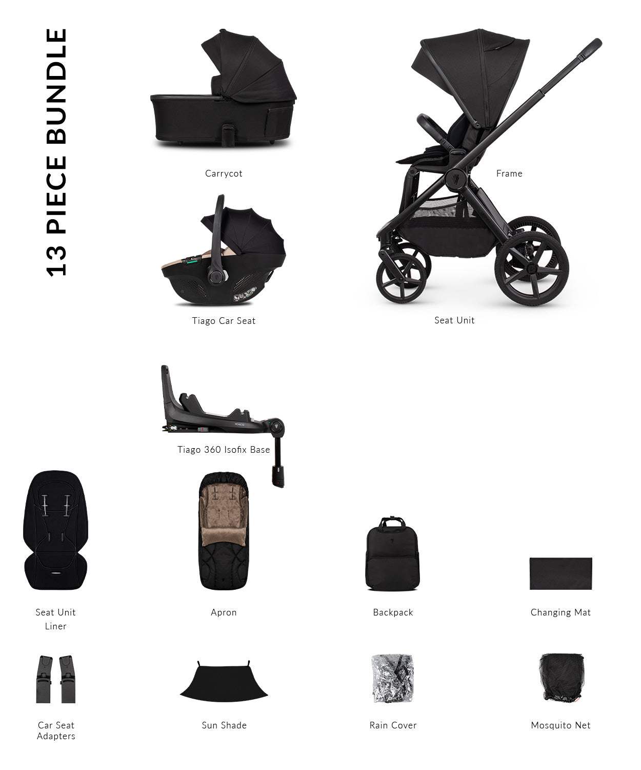 Venicci Upline3 Travel System Inc Tiago Car Seat & 360 Base 13 Piece Luxury Bundle - Onyx