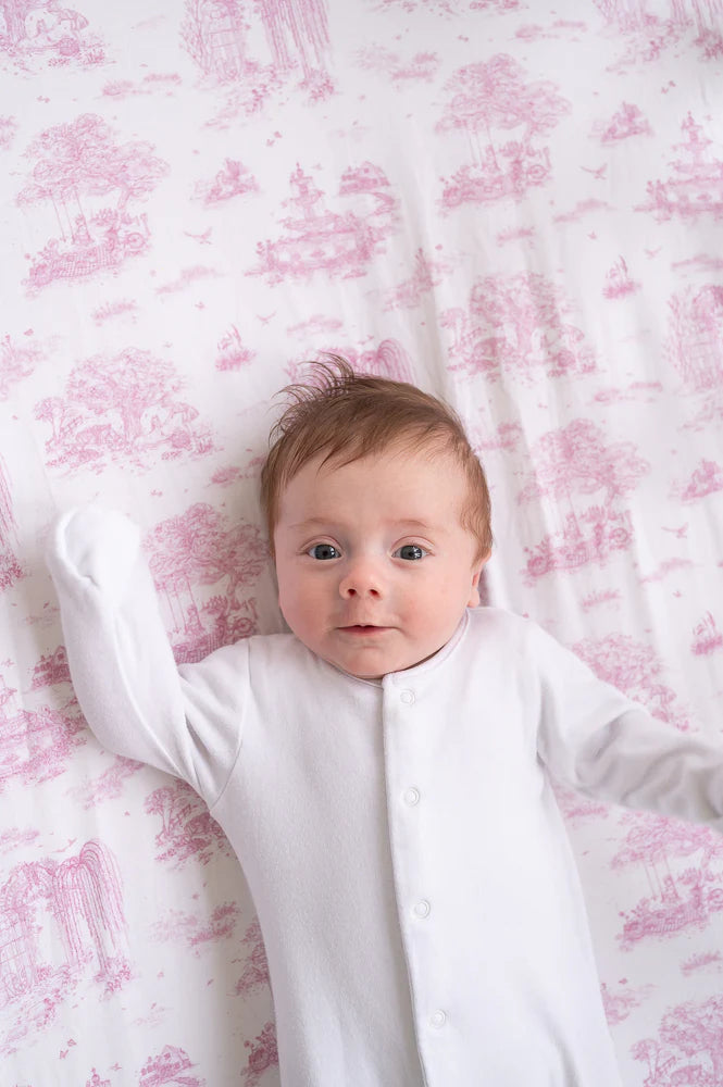 The Gilded Bird Spring Toile Pink Fitted Cot Bed Sheet