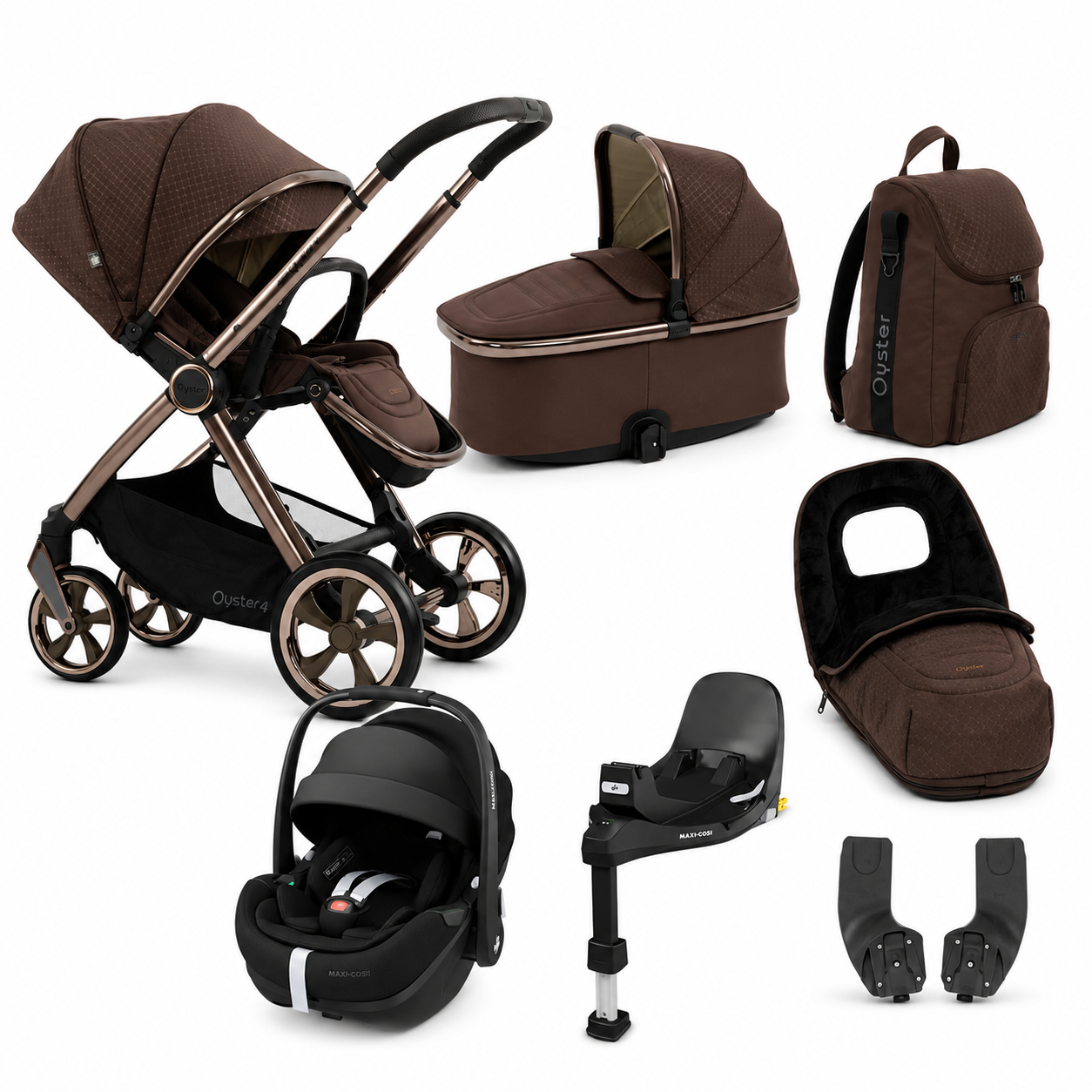 Oyster4 Luxury Travel System Bundle Inc Maxi-Cosi Pebble 360 Pro2 + 360 Base AINR Exclusive - Brown Raven
