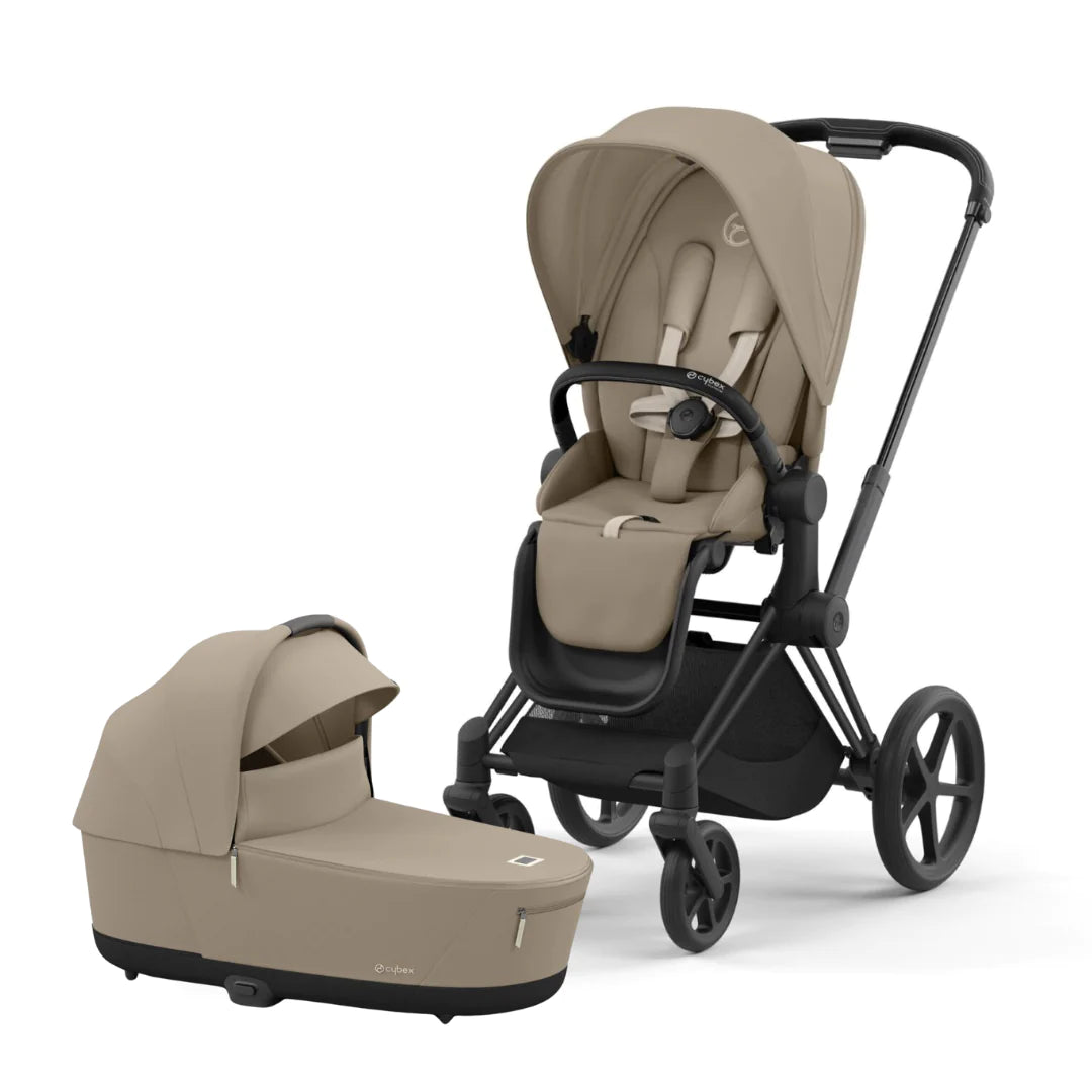 Cybex Priam Lux Pushchair Carry Cot Cozy Beige on Matt Black Bambinosandbeyond
