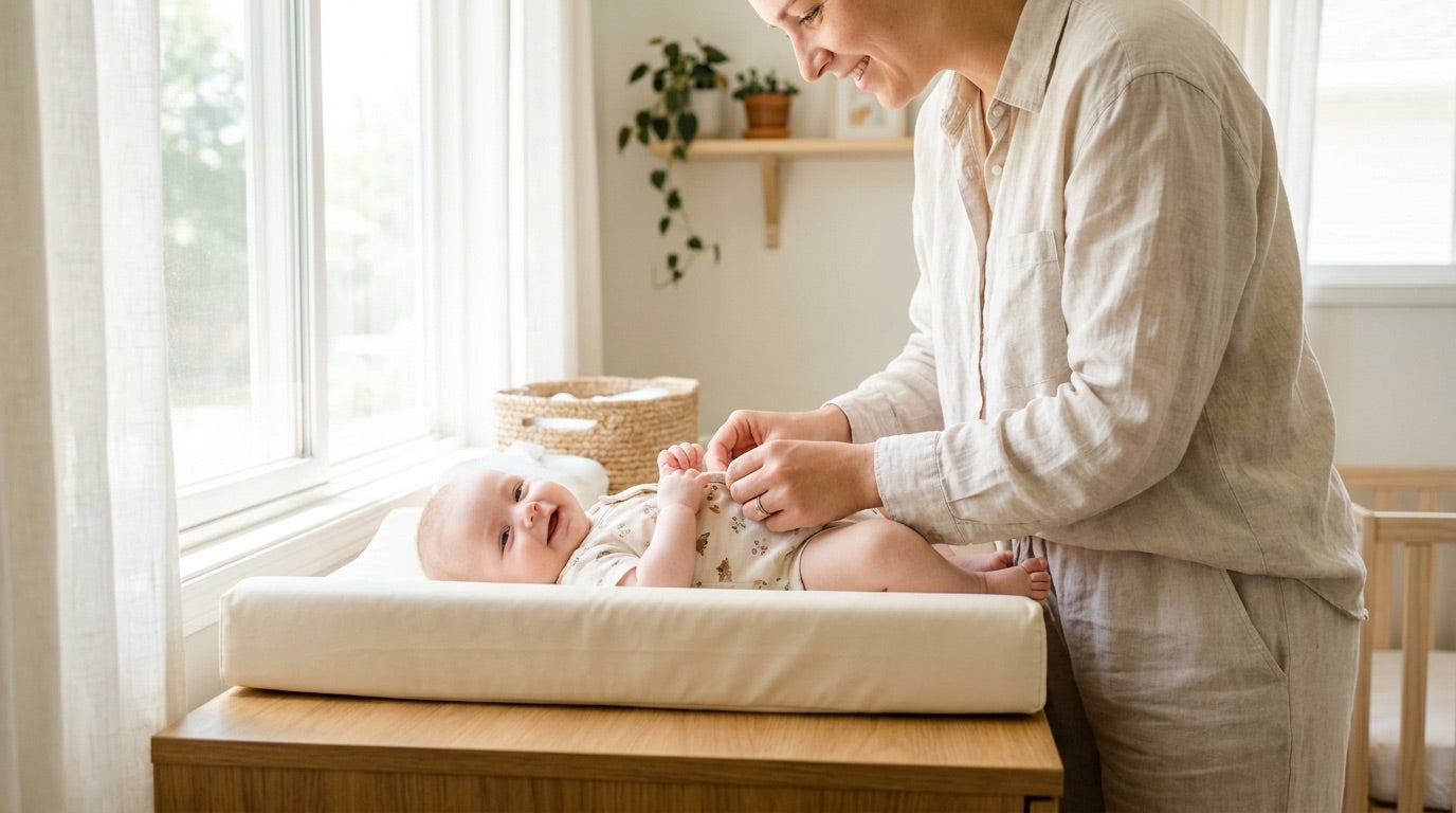Parent gently dressing a baby on a changing mat in a bright summer nursery - Bambinos & Beyond Changing Mats Summer Sale