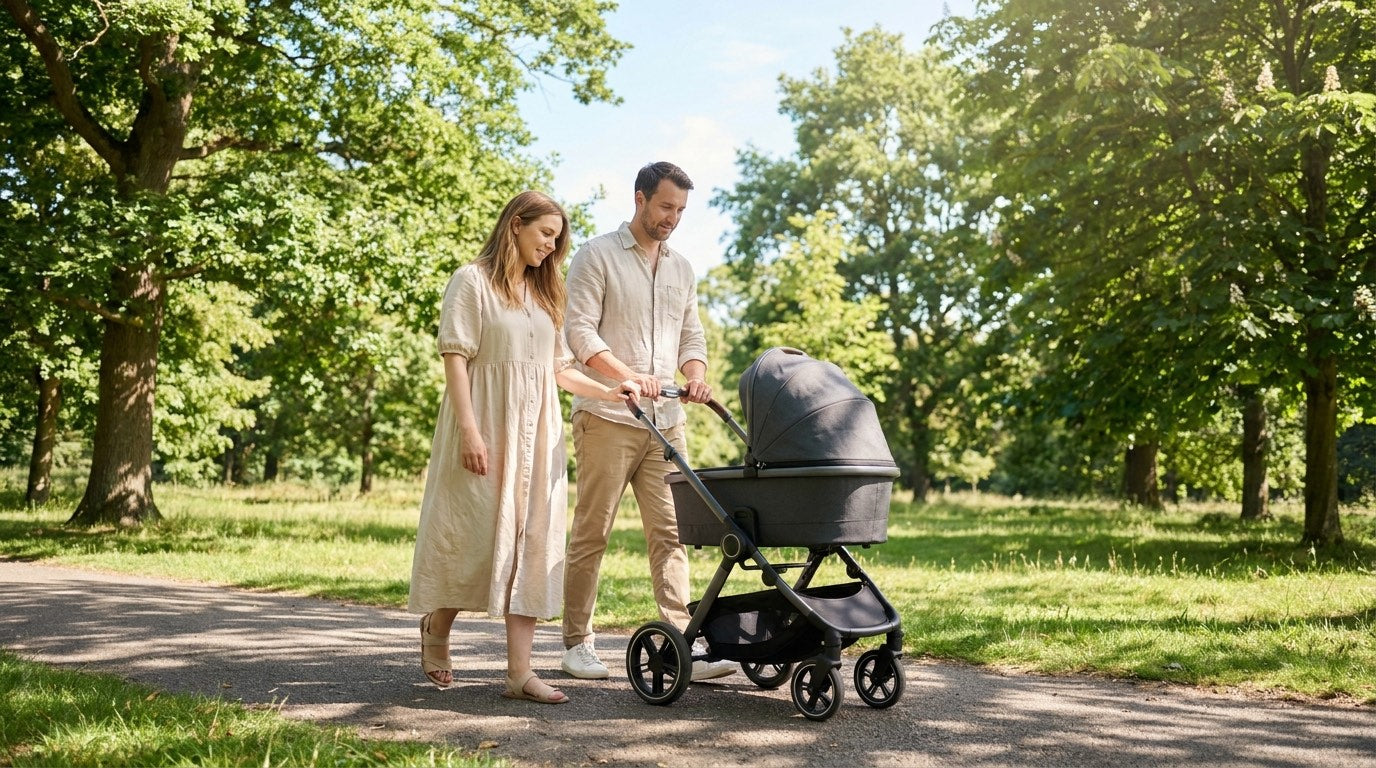 Young family walking together with a pram travel system on a bright summer day - Bambinos & Beyond Travel Systems Summer Sale