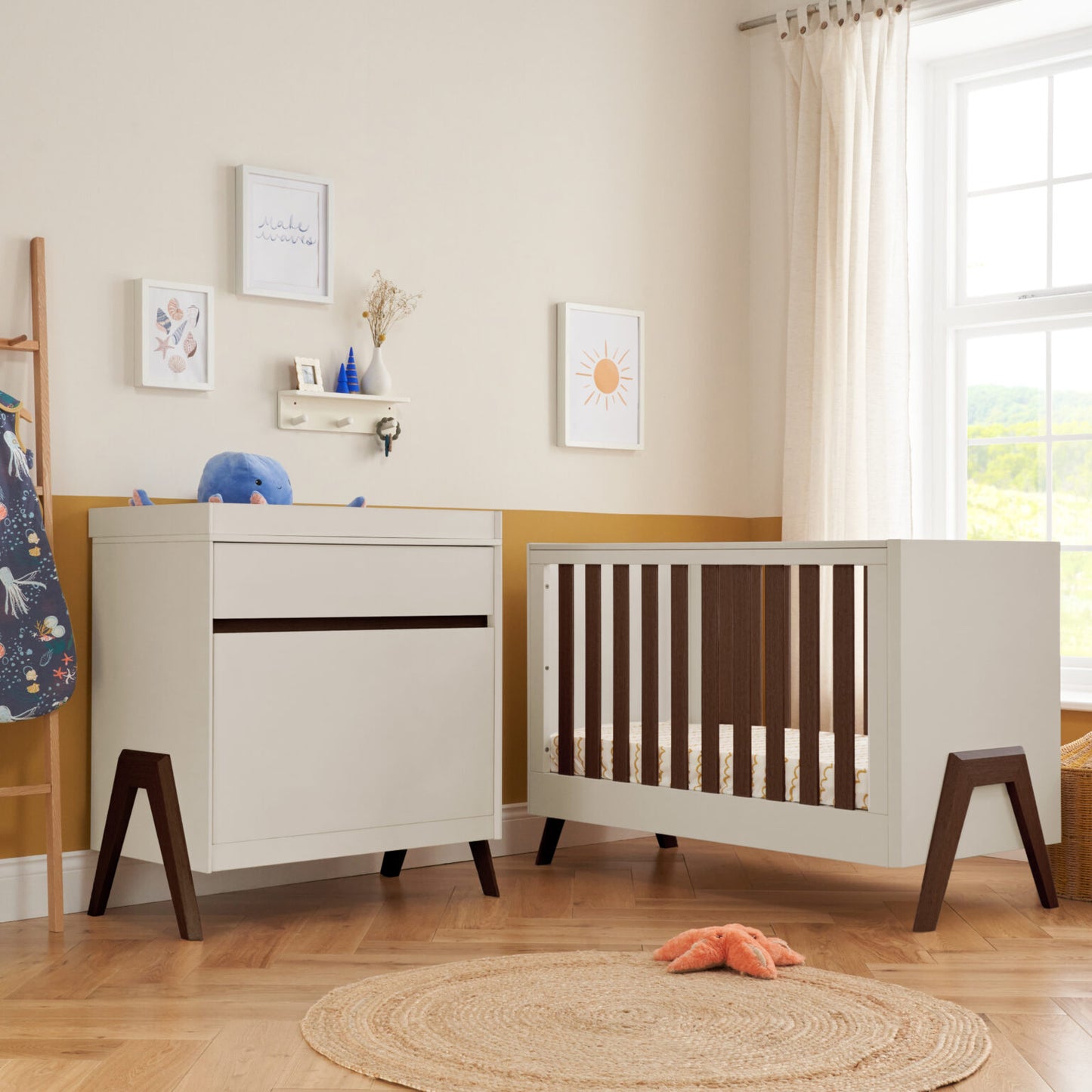 Tutti Bambini Fuori Mini 2 Piece Nursery Furniture Set – Warm Walnut/White Sand COLLECTION OR LOCAL DELIVERY ONLY