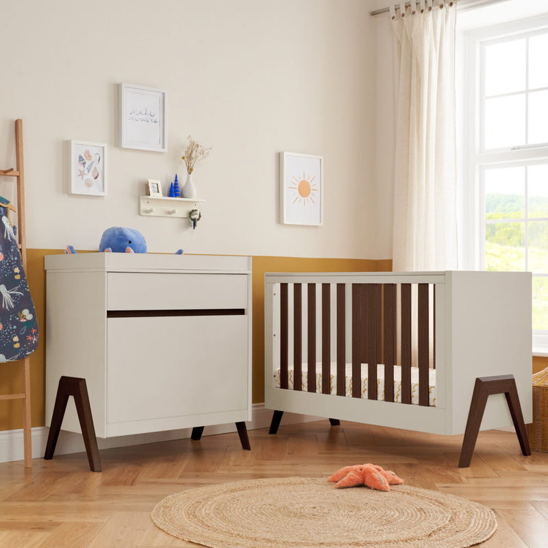 Tutti Bambini Fuori Mini 2 Piece Nursery Furniture Set – Warm Walnut/White Sand COLLECTION OR LOCAL DELIVERY ONLY