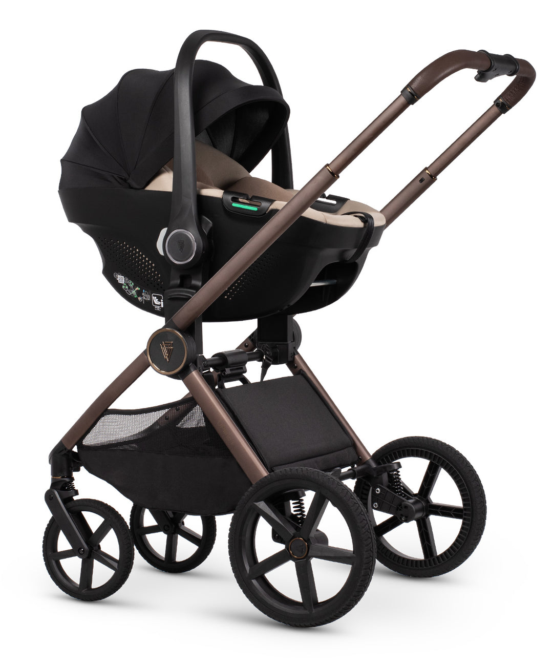 Venicci Upline3 Travel System Inc Tiago Car Seat & 360 Base 16 Piece Ultimate Bundle - Sand