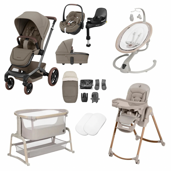 Maxi-Cosi Fame 14 Piece Premium Travel System + Home Bundle - Twillic Truffle/Brown
