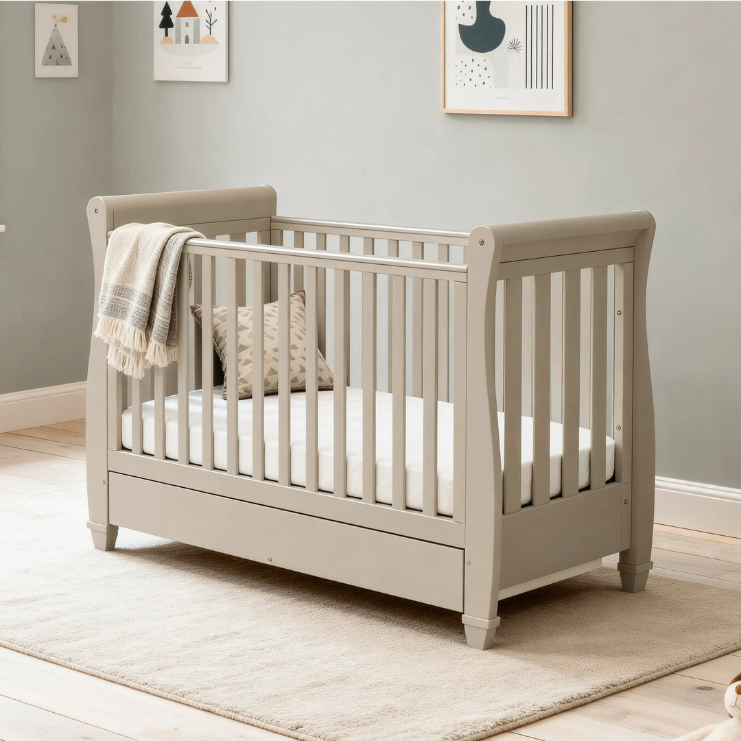 Babymore Eva Sleigh Cot Bed with Drawer – Cashmere