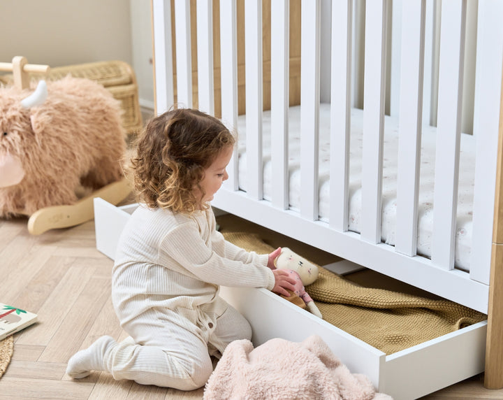 Tutti Bambini Riley Mini Cot Bed with Drawer - Maple Oak & White