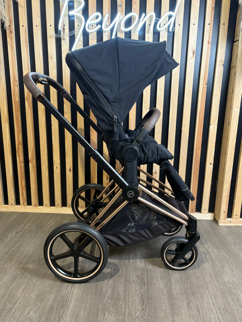 PRE LOVED Cybex Priam 3in1 Travel System + EX DISPLAY COT LUX - Sepia Black on Rose Gold