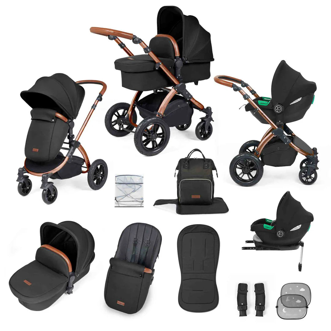 Ickle Bubba Stomp Luxe 12 Piece Cirrus Travel System + Isofix Base - Midnight/Bronze/Tan