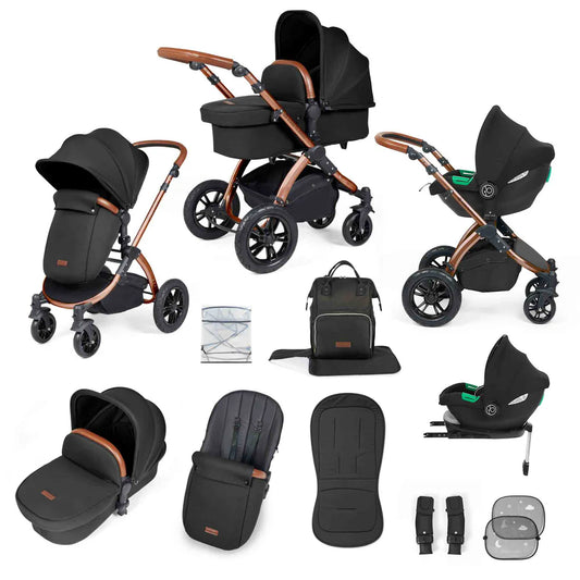 Ickle Bubba Stomp Luxe 12 Piece Cirrus Travel System + Isofix Base - Midnight/Bronze/Tan
