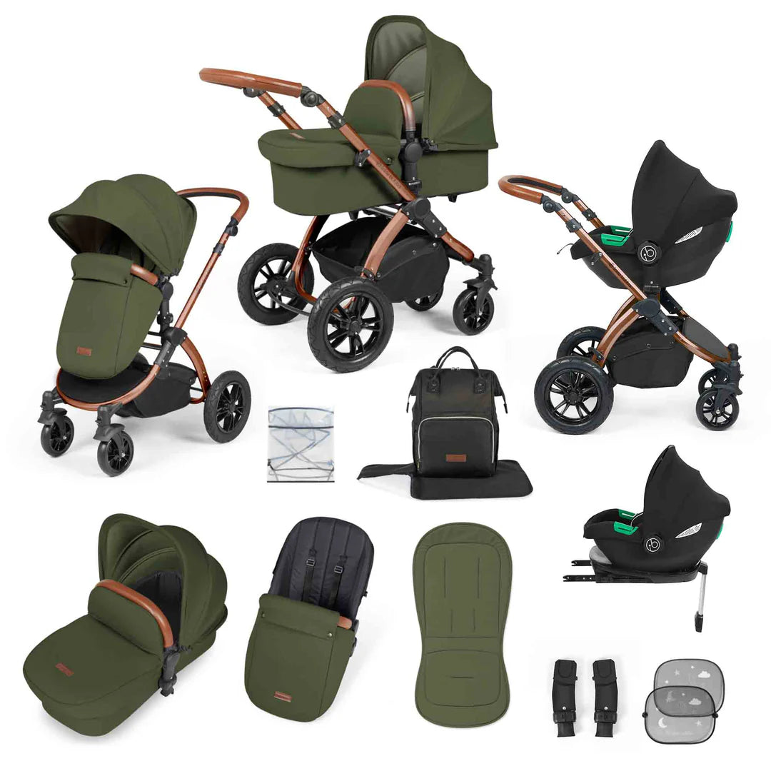 Ickle Bubba Stomp Luxe 12 Piece Cirrus Travel System + Isofix Base - Woodland Bronze/Tan