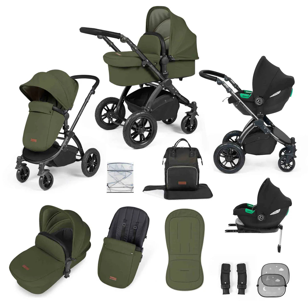 Ickle Bubba Stomp Luxe 12 Piece Cirrus Travel System + Isofix Base - Woodland/Black/Black