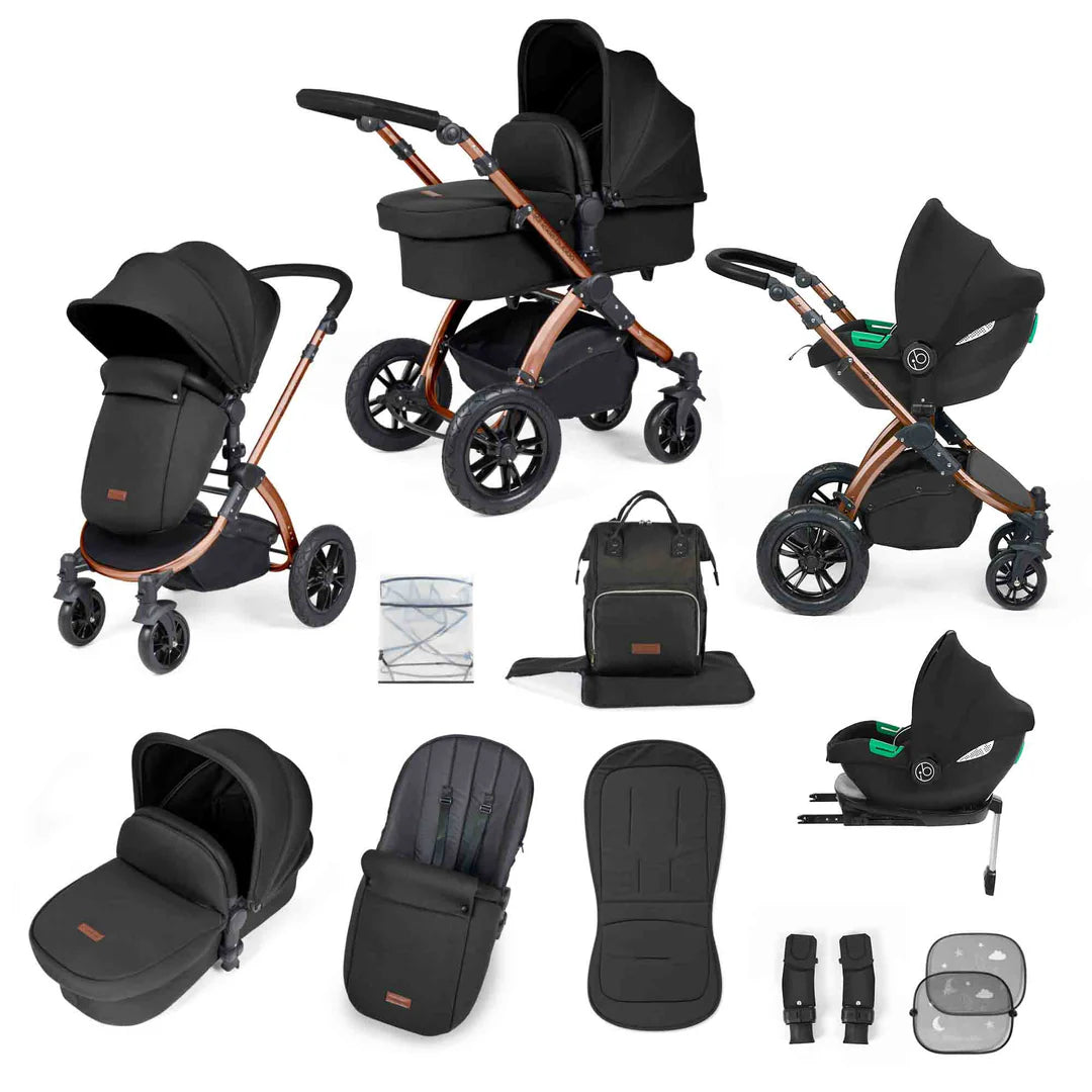 Ickle Bubba Stomp Luxe 12 Piece Cirrus Travel System + Isofix Base - Midnight/Bronze/Black