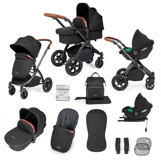 Ickle Bubba Stomp Luxe 12 Piece Cirrus Travel System + Isofix Base - Midnight/Black/Tan