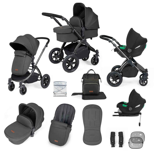 Ickle Bubba Stomp Luxe 12 Piece Cirrus Travel System + Isofix Base - Charcoal Grey/Black/Black