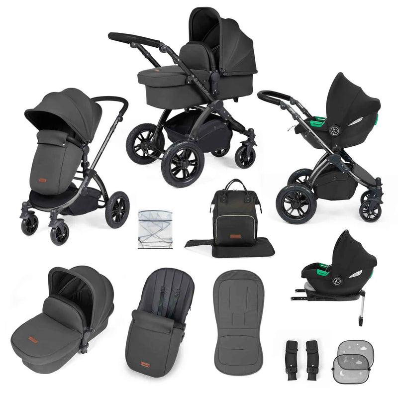 Ickle Bubba Stomp Luxe 12 Piece Cirrus Travel System + Isofix Base - Charcoal Grey/Black/Black