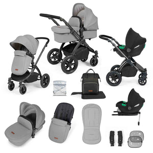 Ickle Bubba Stomp Luxe 12 Piece Cirrus Travel System + Isofix Base - Pearl Grey/Black/Black