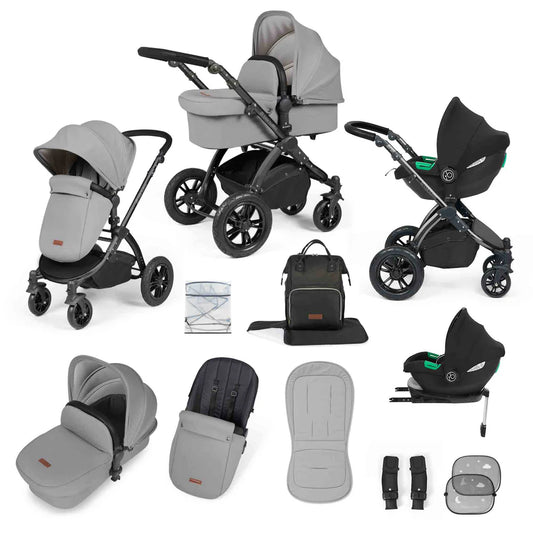 Ickle Bubba Stomp Luxe 12 Piece Cirrus Travel System + Isofix Base - Pearl Grey/Black/Black