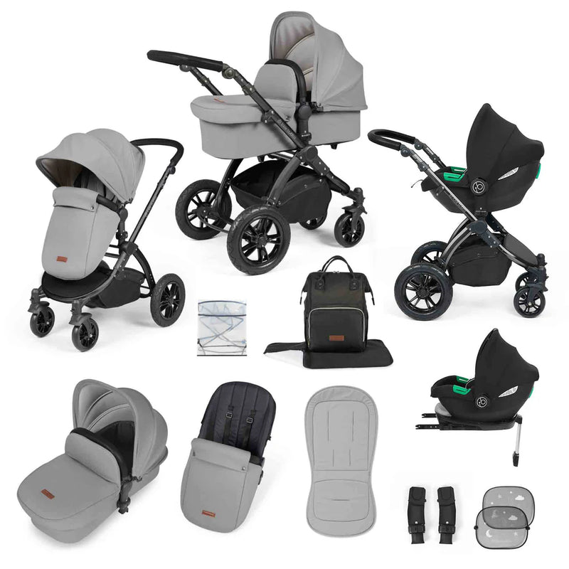 Ickle Bubba Stomp Luxe 12 Piece Cirrus Travel System + Isofix Base - Pearl Grey/Black/Black