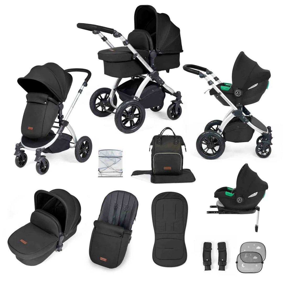 Ickle Bubba Stomp Luxe 12 Piece Cirrus Travel System + Isofix Base - Midnight/Silver/Black