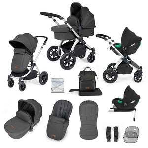 Ickle Bubba Stomp Luxe 12 Piece Cirrus Travel System + Isofix Base - Charcoal Grey/Silver/Black