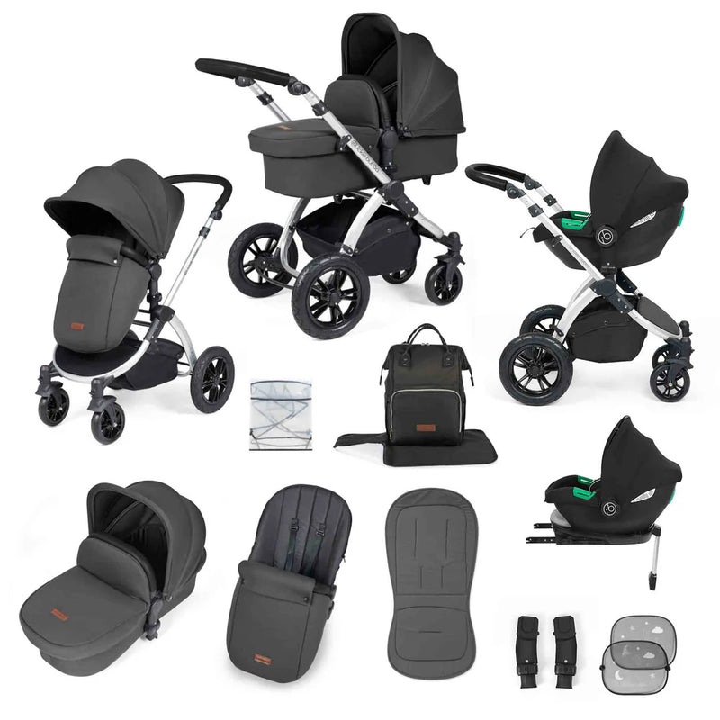 Ickle Bubba Stomp Luxe 12 Piece Cirrus Travel System + Isofix Base - Charcoal Grey/Silver/Black