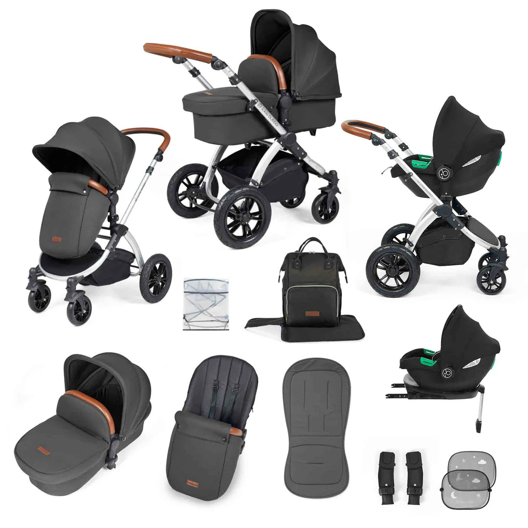 Ickle Bubba Stomp Luxe 12 Piece Cirrus Travel System + Isofix Base - Charcoal Grey/Silver/Tan