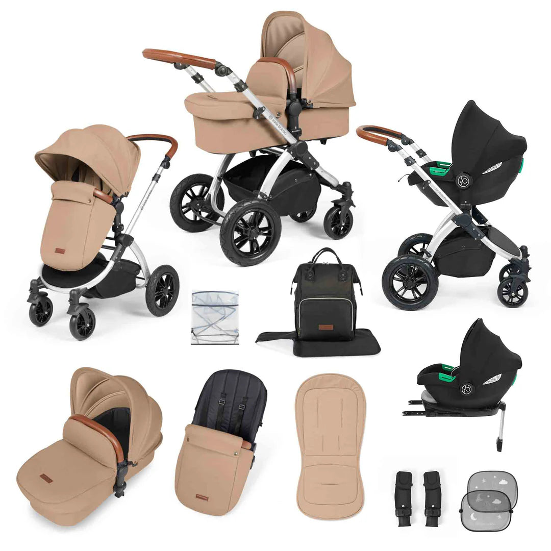 Ickle Bubba Stomp Luxe 12 Piece Cirrus Travel System + Isofix Base - Desert/Silver/Tan