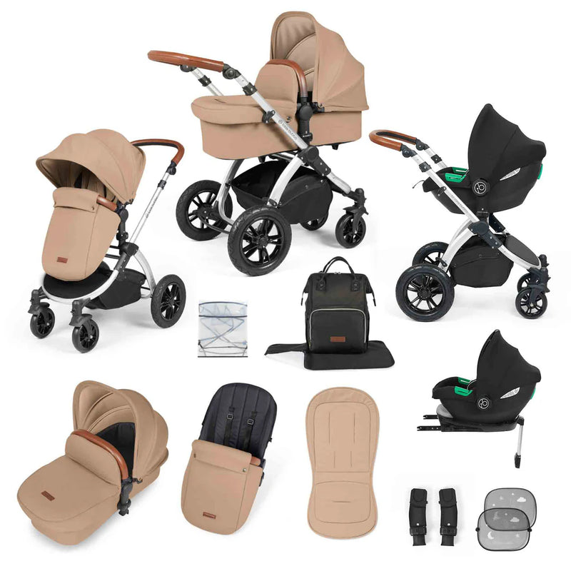 Ickle Bubba Stomp Luxe 12 Piece Cirrus Travel System + Isofix Base - Desert/Silver/Tan