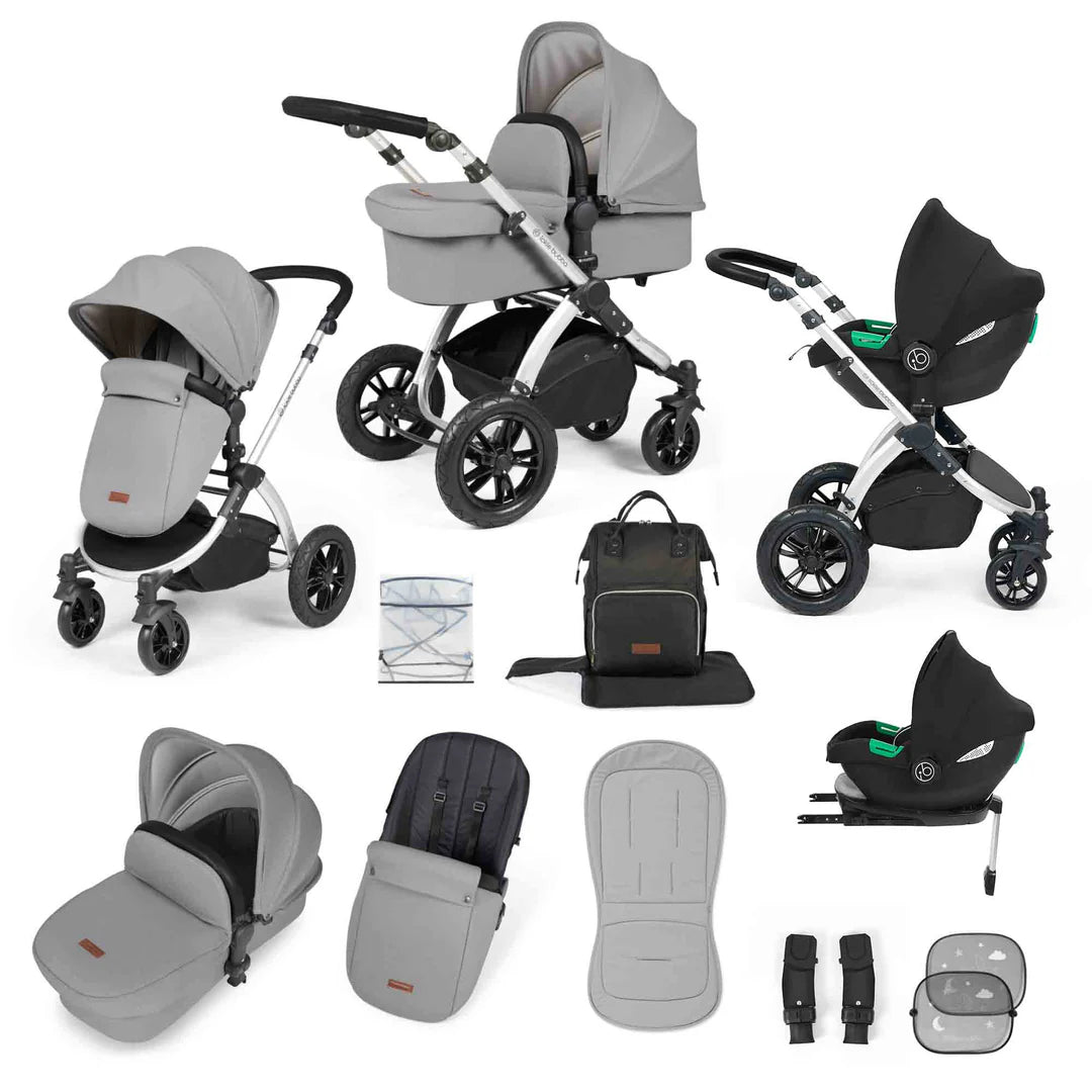 Ickle Bubba Stomp Luxe 12 Piece Cirrus Travel System + Isofix Base - Pearl Grey/Silver/Black