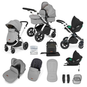 Ickle Bubba Stomp Luxe 12 Piece Cirrus Travel System + Isofix Base - Pearl Grey/Silver/Black