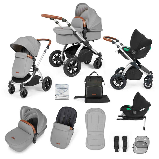 Ickle Bubba Stomp Luxe 12 Piece Cirrus Travel System + Isofix Base - Pearl Grey Silver/Tan