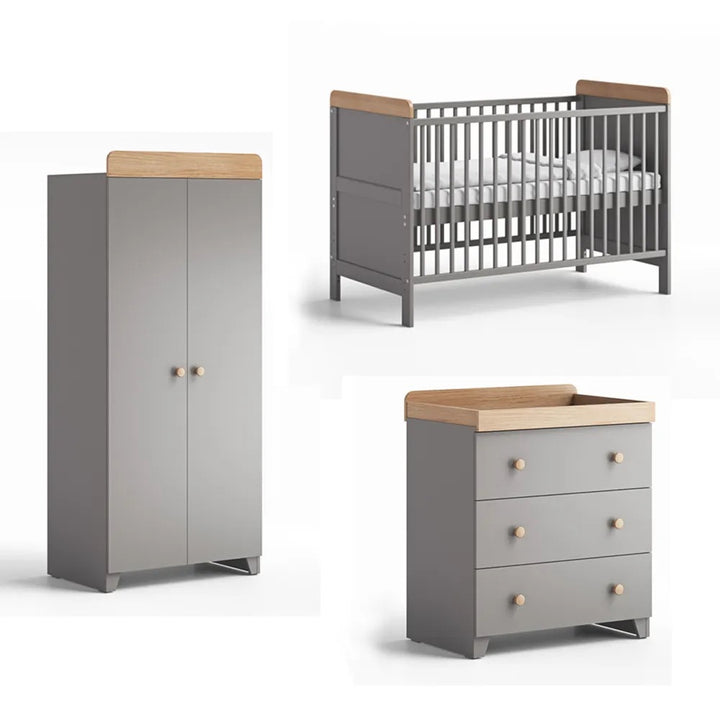 Little Acorns Classic 3 Piece Nursery Furniture Room Set – Grey and Oak