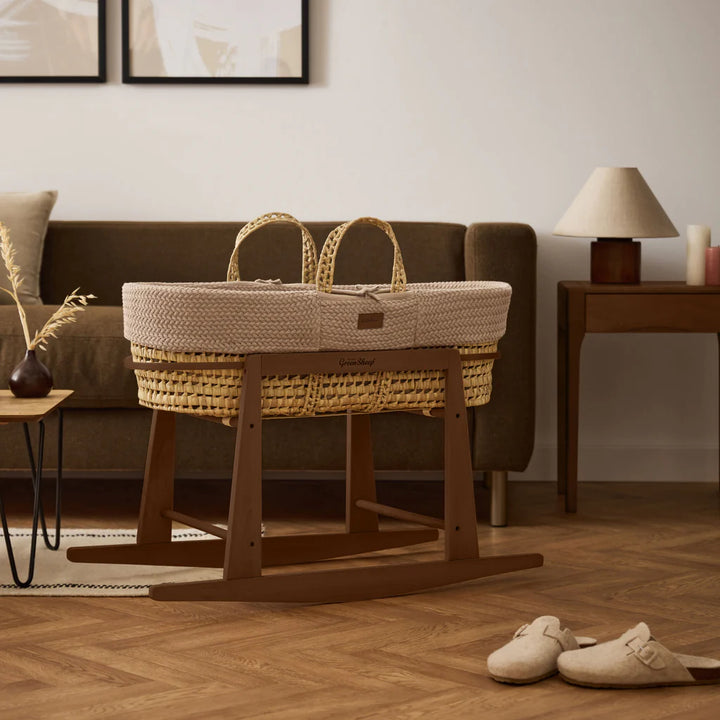 The Little Green Sheep Organic Wheat Knitted Moses Basket, Mattress & Walnut Rocking Stand - Truffle