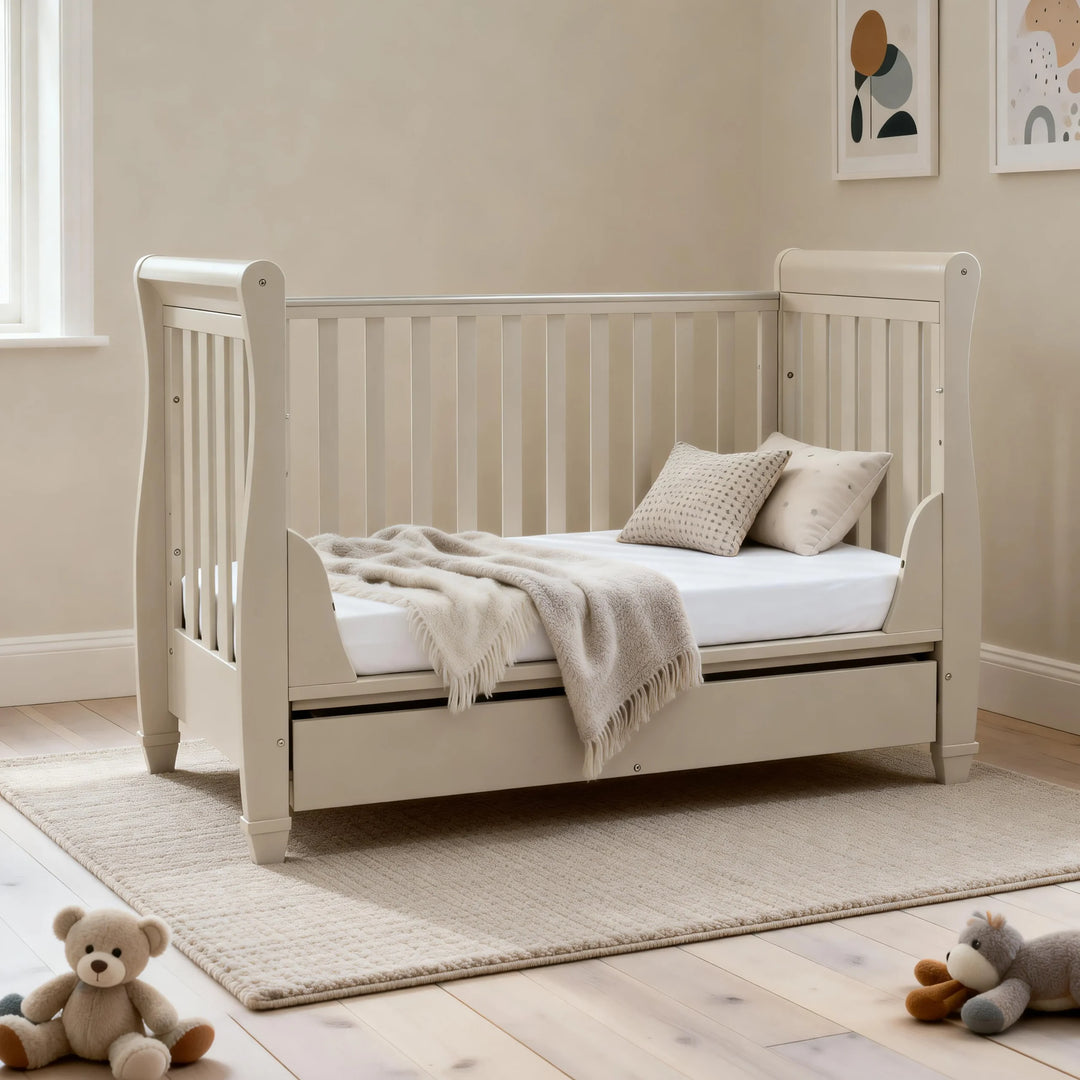 Babymore Eva Sleigh Cot Bed with Drawer – Cashmere