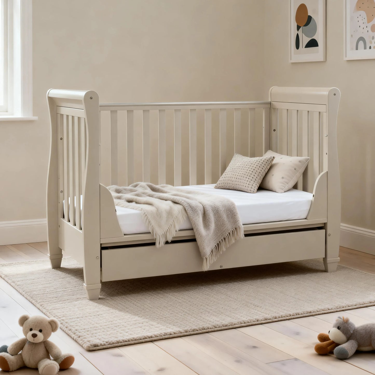 Babymore Eva Sleigh Cot Bed with Drawer – Cashmere