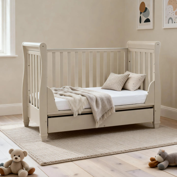 Babymore Eva Sleigh Cot Bed with Drawer – Cashmere