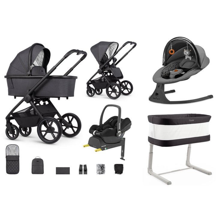 Venicci Tinum Edge, Cabriofix Isize + Isofix Base, Oyster Wiggle Crib + Kinderkraft Lumi2 Swing Bundle - Charcoal Dark Grey