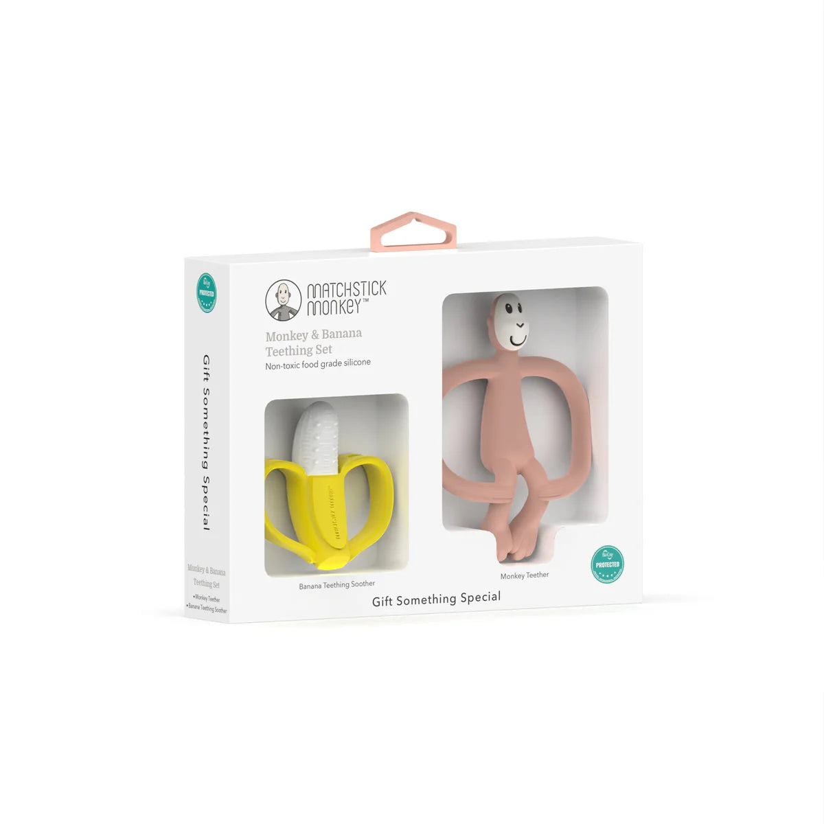 Matchstick Monkey & Banana Teether Gift Set - Dusty Pink