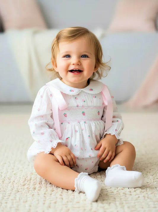 Beau Kid Strawberry Print Baby Bloomer Romper - White