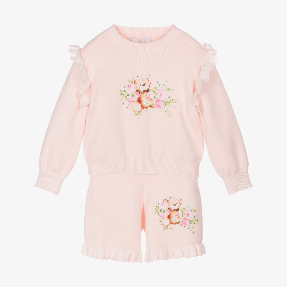 Beau Kid Girls Pink 2 Piece Knitted Teddy Bear Short Set