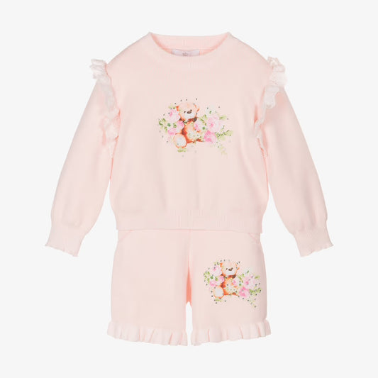 Beau Kid Girls Pink 2 Piece Knitted Teddy Bear Short Set