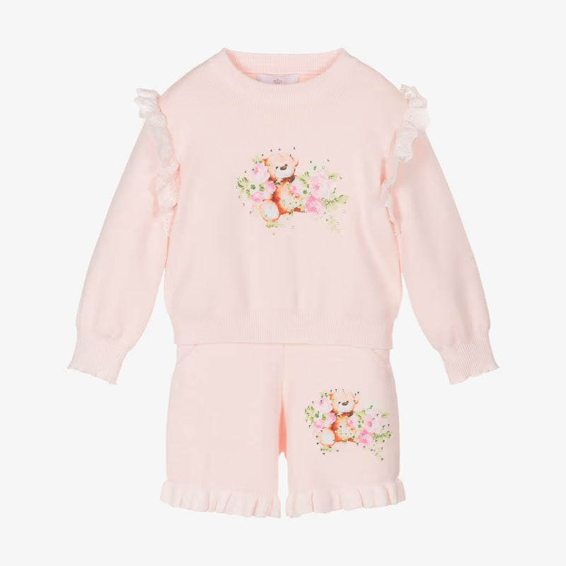 Beau Kid Girls Pink 2 Piece Knitted Teddy Bear Short Set