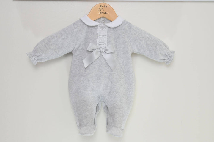 Pex Velour Bow Sleepsuit - Silver: 0-3M