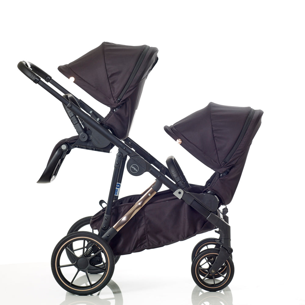 Mee-Go UNO+ Twin Tandem Travel System Bundle Inc Joie I-Snug + Encore 360 Bases - Black/Rose