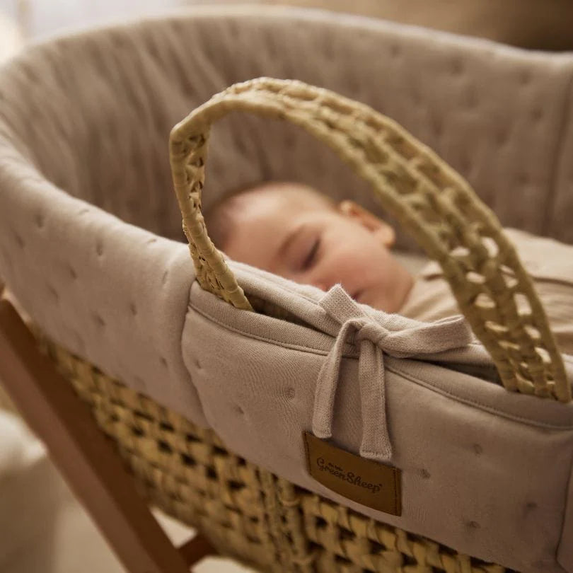 The Little Green Sheep Organic Dimple Quilted Moses Basket, Mattress & Walnut Rocking Stand - Truffle