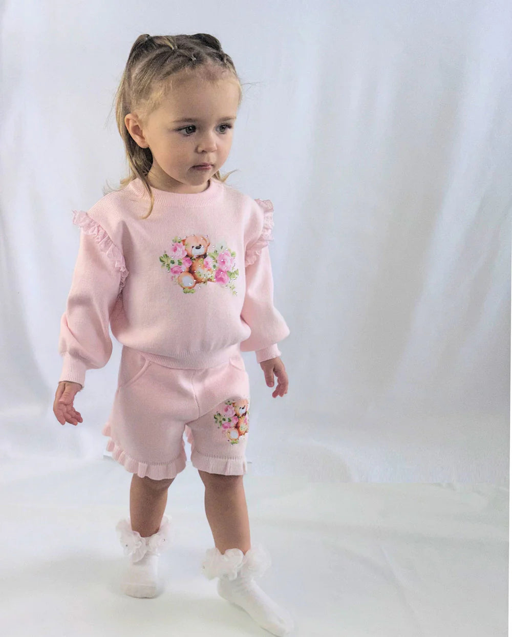 Beau Kid Girls Pink 2 Piece Knitted Teddy Bear Short Set